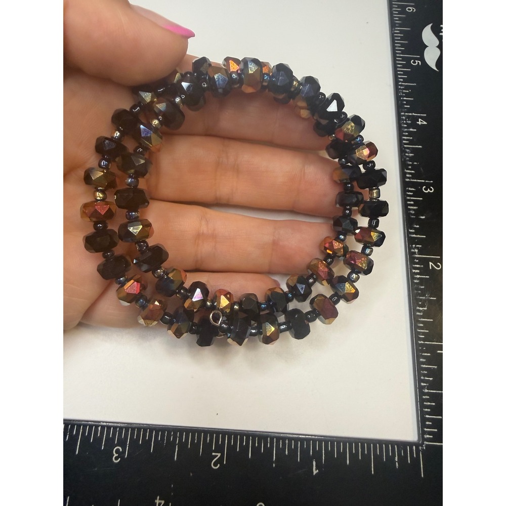 Black Iridescent Faceted Glass Bead Memory Wire Wrap Bracelet Double Layer Coil